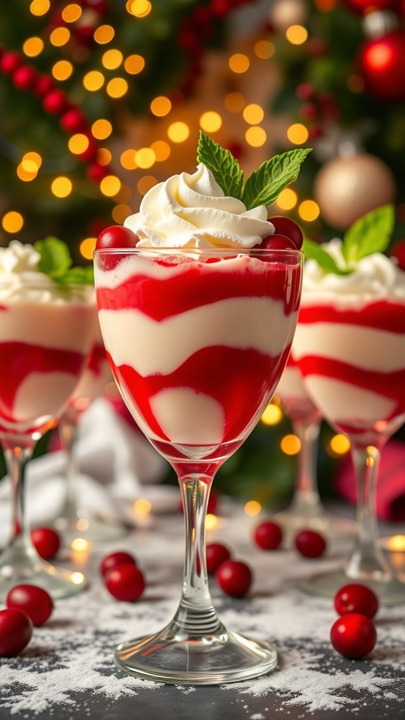 Layered Christmas cocktails dessert in glasses, topped with whipped cream and garnished with cranberries and mint.
